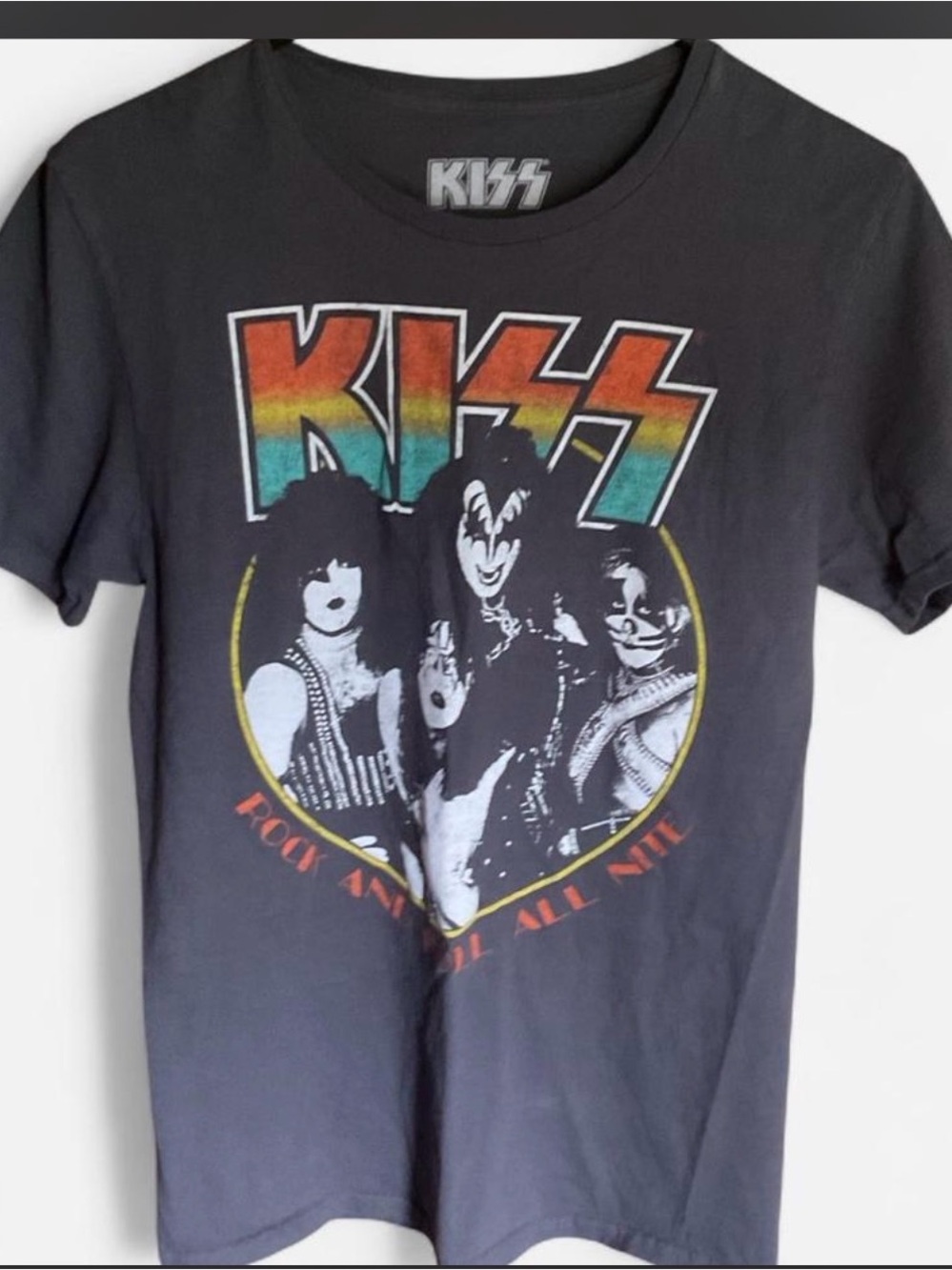 Kiss Black Short-Sleeve Tee with Rainbow Logo and Band Photo